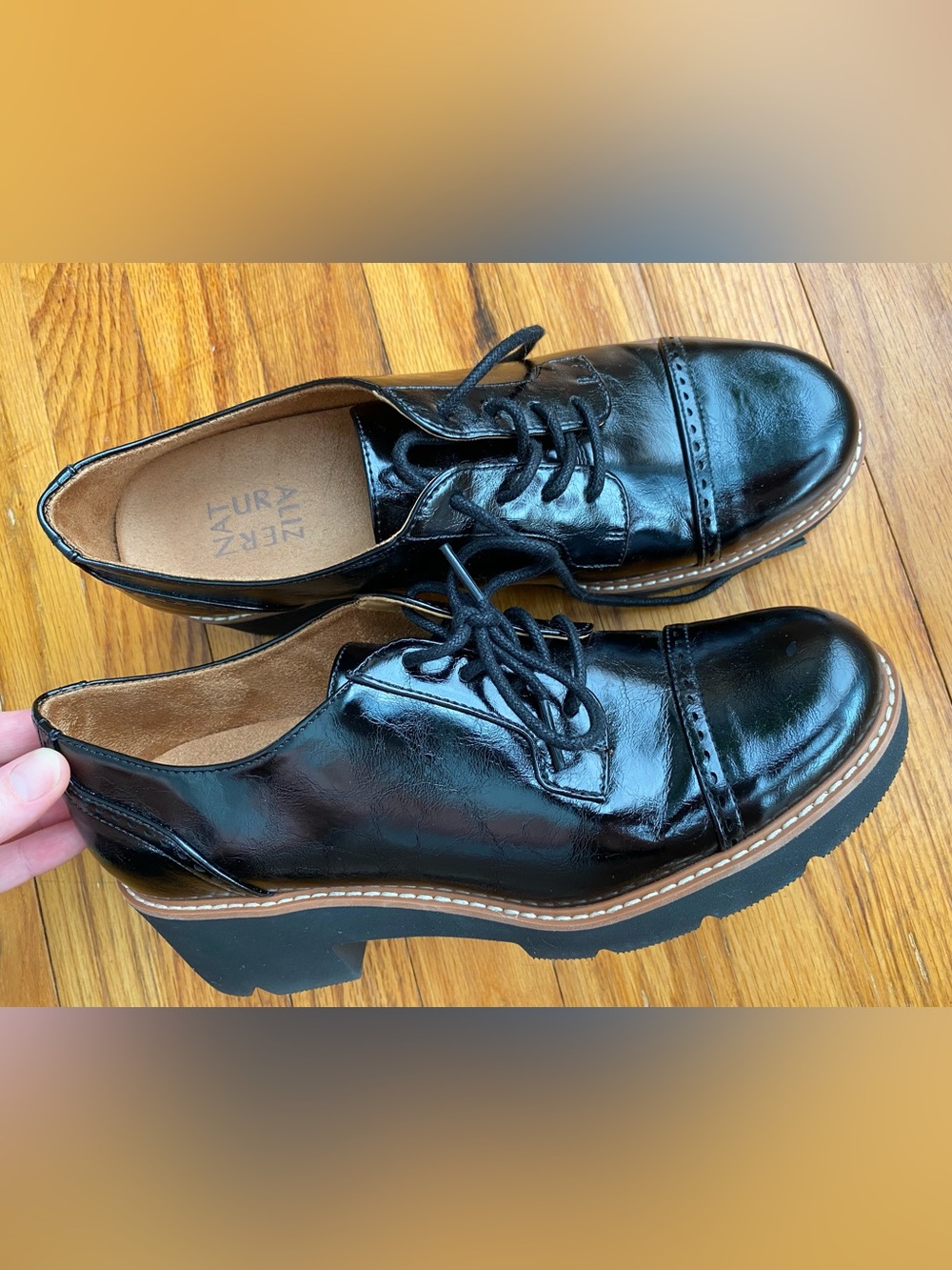 Frye Black Patent Leather Lace-Up Platform Oxfords